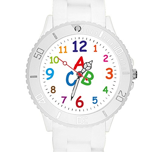 Taffstyle Kinder Armbanduhr Silikon Sportuhr Bunte Sport Uhr Kinderuhr Lernuhr Zahlen ABC Motiv Analog Weiß von Taffstyle