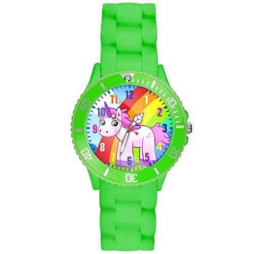 Taffstyle Kinder-Armbanduhr Analog Quarz mit Silikon-Armband Zahlen Einhorn Kinderuhr Lernuhr Sport-Uhr Rainbow Grün von Taffstyle