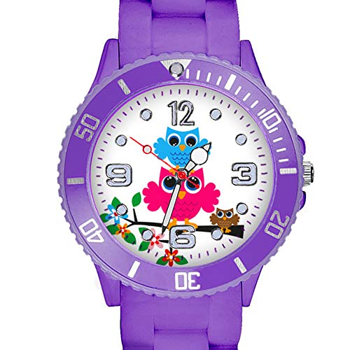 Taffstyle Kinder Armbanduhr Silikon Sportuhr Bunte Sport Uhr mit Blumen Eulen Familie Motiv Analog Quartz Little 34 mm Lila von Taffstyle