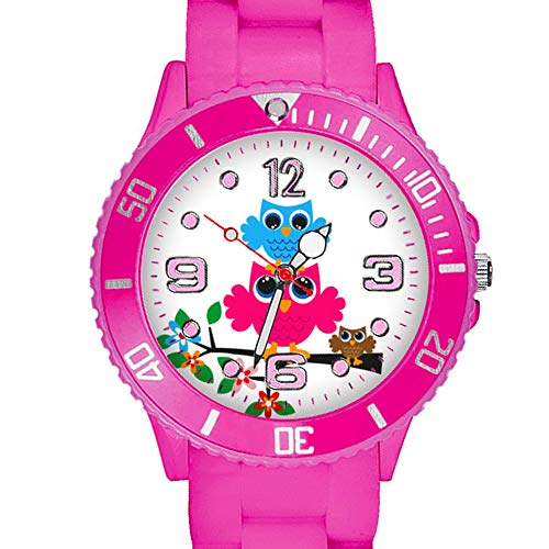 Taffstyle Kinder Armbanduhr Silikon Sportuhr Bunte Sport Uhr mit Blumen Eulen Familie Motiv Analog Quartz Little 34 mm Pink von Taffstyle
