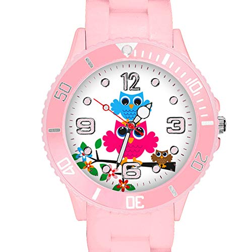 Taffstyle Kinder Armbanduhr Silikon Sportuhr Bunte Sport Uhr mit Blumen Eulen Familie Motiv Analog Quartz Little 34 mm Rosa von Taffstyle