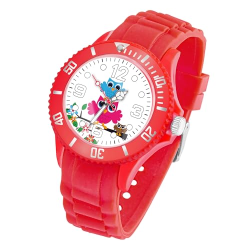 Taffstyle Kinder Armbanduhr Silikon Sportuhr Bunte Sport Uhr mit Blumen Eulen Familie Motiv Analog Quartz Little 34 mm Rot von Taffstyle