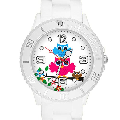 Taffstyle Kinder Armbanduhr Silikon Sportuhr Bunte Sport Uhr mit Blumen Eulen Familie Motiv Analog Quartz Little 34 mm Weiß von Taffstyle