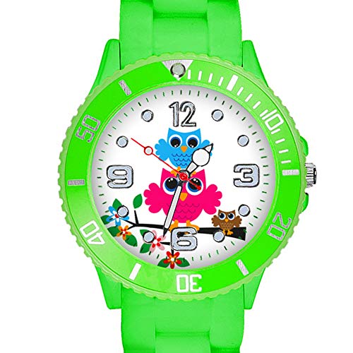 Taffstyle Kinder Armbanduhr Silikon Sportuhr Bunte Sport Uhr mit Blumen Eulen Familie Motiv Analog Quartz Small 39 mm Grün von Taffstyle