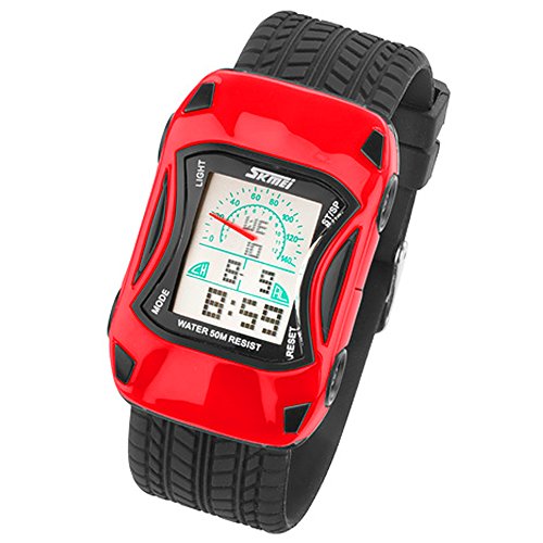 Taffstyle Kinder Armbanduhr Silikon mit Auto Wagen Motiv Sportuhr Digital Quarz Bunte Sport Uhr Farbige Kinderuhr Mädchen Junge Lernuhr Stoppuhr Rot von Taffstyle