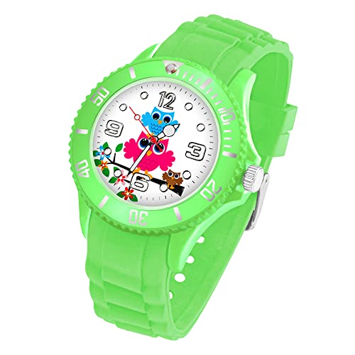 Taffstyle Kinder Armbanduhr Silikon mit Blumen Eulen Familie Motiv Sportuhr Analog Quarz Bunte Sport Uhr Farbige Kinderuhr Mädchen Junge Lernuhr Little 34 mm Grün von Taffstyle