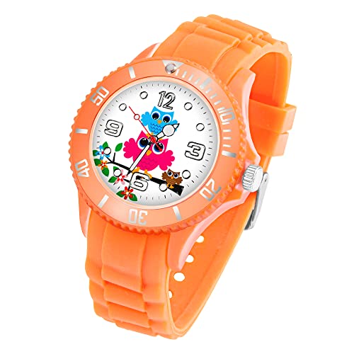 Taffstyle Kinder Armbanduhr Silikon mit Blumen Eulen Familie Motiv Sportuhr Analog Quarz Bunte Sport Uhr Farbige Kinderuhr Mädchen Junge Lernuhr Little 34 mm Orange von Taffstyle