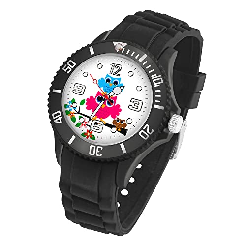 Taffstyle Kinder Armbanduhr Silikon mit Blumen Eulen Familie Motiv Sportuhr Analog Quarz Bunte Sport Uhr Farbige Kinderuhr Mädchen Junge Lernuhr Little 34 mm Schwarz von Taffstyle