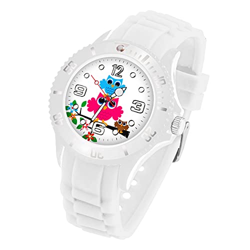 Taffstyle Kinder Armbanduhr Silikon mit Blumen Eulen Familie Motiv Sportuhr Analog Quarz Bunte Sport Uhr Farbige Kinderuhr Mädchen Junge Lernuhr Little 34 mm Weiß von Taffstyle