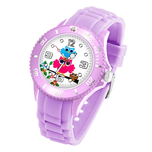 Taffstyle Kinder Armbanduhr Silikon mit Blumen Eulen Familie Motiv Sportuhr Analog Quarz Bunte Sport Uhr Farbige Kinderuhr Mädchen Junge Lernuhr Small 39 mm Flieder von Taffstyle