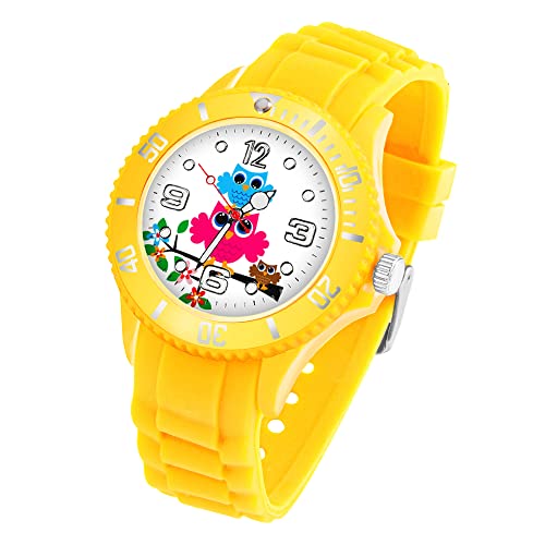 Taffstyle Kinder Armbanduhr Silikon mit Blumen Eulen Familie Motiv Sportuhr Analog Quarz Bunte Sport Uhr Farbige Kinderuhr Mädchen Junge Lernuhr Small 39 mm Gelb von Taffstyle