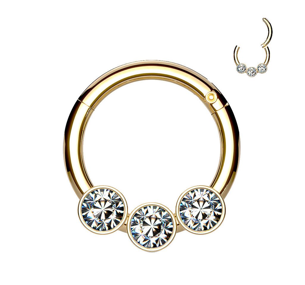 Taffstyle Nasenpiercing Septum Piercing Scharnier Ring 3 Kristalle Gold 1,2mm x 8mm (Cartilage Ohr Orbital Brust Intim Ring Lippenbädchen Lippenpiercing), Nasen Clicker Segment Tragus Helix Nasenpiercing Nasenring Ohrpiercing von Taffstyle