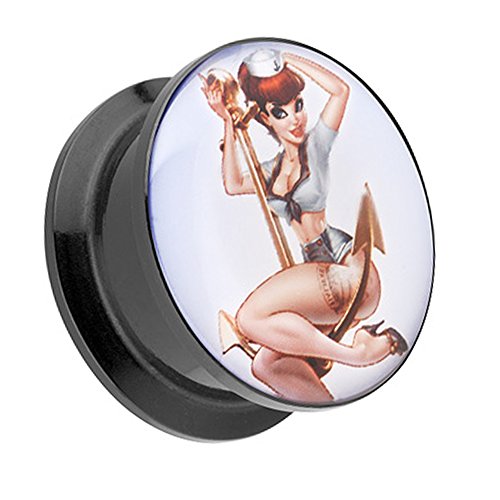 Taffstyle Ohr Plug Flesh Tunnel Piercing Ohrpiercing Kunststoff Schraub Schraubverschluß Picture mit Matrosen Mädchen auf Anker Pin Up Motiv 22mm von Taffstyle