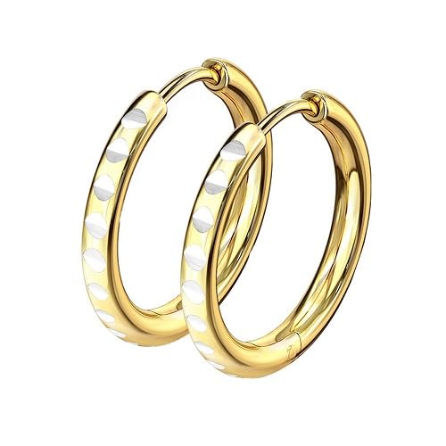 Taffstyle Ohrstecker Ohrhänger Schmuck 1 Paar Ohrringe Creolen mit rundem Schliff aus Edelstahl mit Kerben Scharnier Gold 2mm x 16mm von Taffstyle