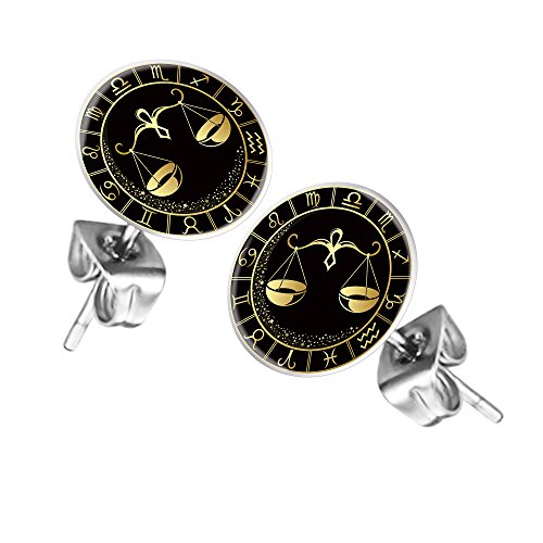 Taffstyle Ohrstecker Ohrringe Schmuck Stecker Platte mit Sternzeichen Motiv Tierkreiszeichen Silber für Damen Herren Waage von Taffstyle
