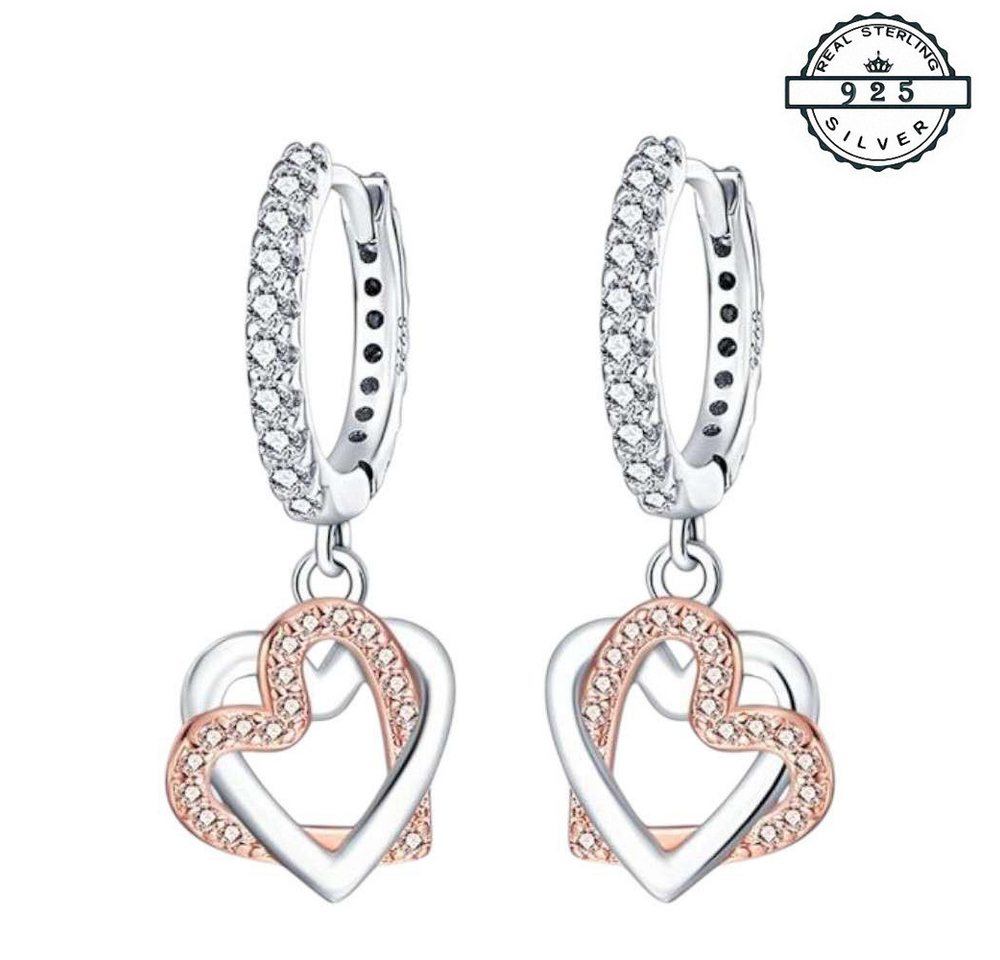 Taffstyle Paar Creolen Herz Creolen 925 Silber Damen Kristall Ohrringe mit Herzen Rosegold (Elegante Creolen mit Doppelherz Anhänger in Silber & Roségold – funkelnd und stilvoll) von Taffstyle