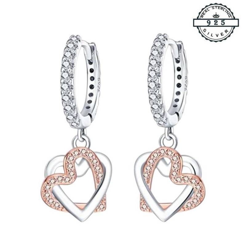 Taffstyle Paar Creolen Herz Creolen 925 Silber Damen Kristall Ohrringe mit Herzen Rosegold (Elegante Creolen mit Doppelherz Anhänger in Silber & Roségold – funkelnd und stilvoll) von Taffstyle