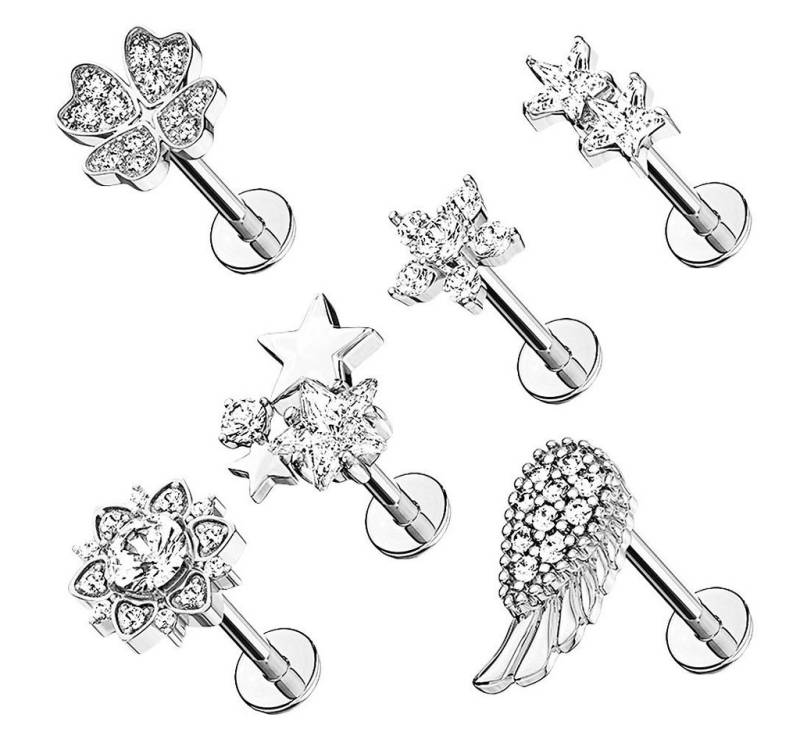 Taffstyle Piercing-Set 6er Set Tragus Knorpel Piercing Kristall Stecker, Set Piercing Glitzer Ohr Cartilage Labret Lippenpiercing Lippe Knorpel von Taffstyle