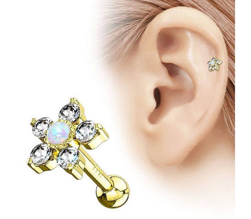 Taffstyle Piercing-Set Echt 585 Gold Tragus Helix Daith Kristallen Opal, Piercing Stecker Knorpel Blume Glitzer Cartilage Helix Barbell Stab von Taffstyle