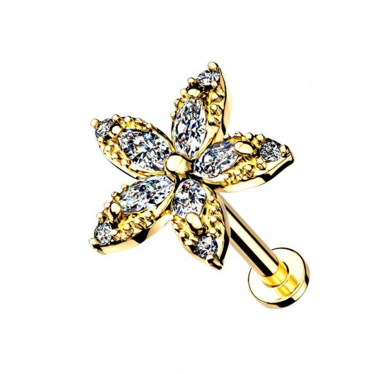 Taffstyle Piercing-Set Labret Piercing Stecker flach Kristall Blume Innengewinde Gold 6mm (Ohr Tragus Helix Orbital Snug Ohrring Piercing), Ohr Tragus Helix Ohrpiercing Cartilage Knorpel Rook Lobe Daith Conch von Taffstyle