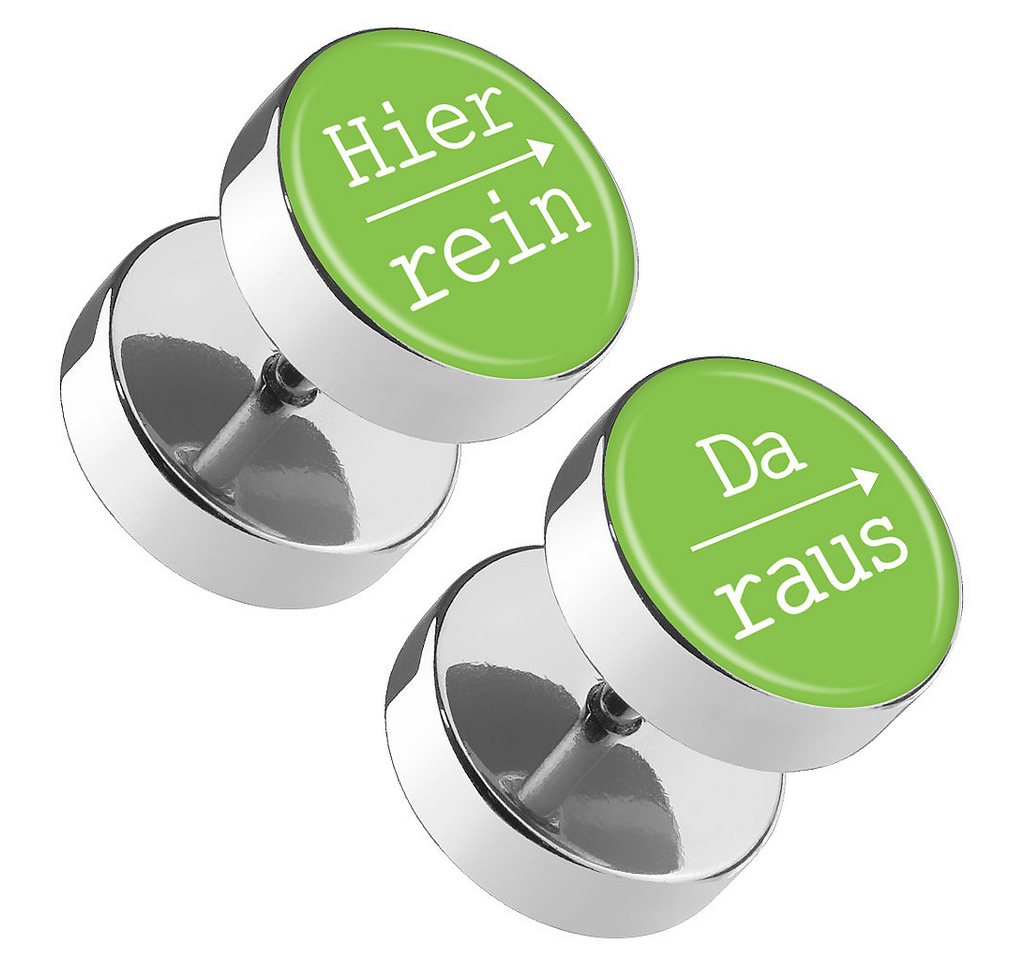 Taffstyle Piercing-Set Motiv Fake Plug 1 Paar mit Spruch Hier rein, Da raus Grün 10mm, Fake Ohrpiercing Ohr Ear Flesh Tunnel Plug Piercing von Taffstyle