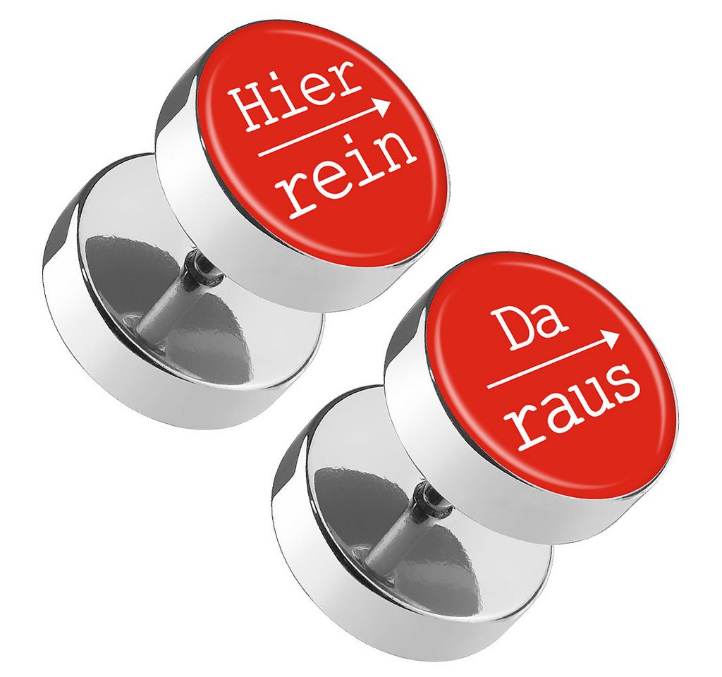 Taffstyle Piercing-Set Motiv Fake Plug 1 Paar mit Spruch Hier rein, Da raus Rot 12mm, Fake Ohrpiercing Ohr Ear Flesh Tunnel Plug Piercing von Taffstyle