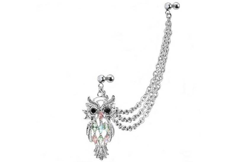 Taffstyle Piercing-Set Piercing Ohr Chirurgenstahl Kristall Eule Kette, Helix Tragus Ohrpiercing Cartilage Stab Barbell Strass Eule Kette Lang von Taffstyle