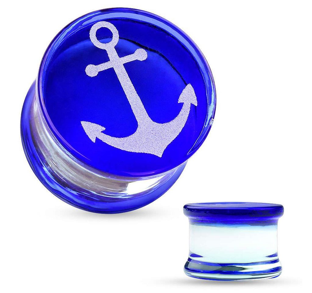 Taffstyle Plug Piercing Glas Plug Ohr Tunnel Blau mit Anker Maritim (Ohr Tunnel Plug mit Anker Motiv – maritimer Schmuck für Damen und Herren) von Taffstyle