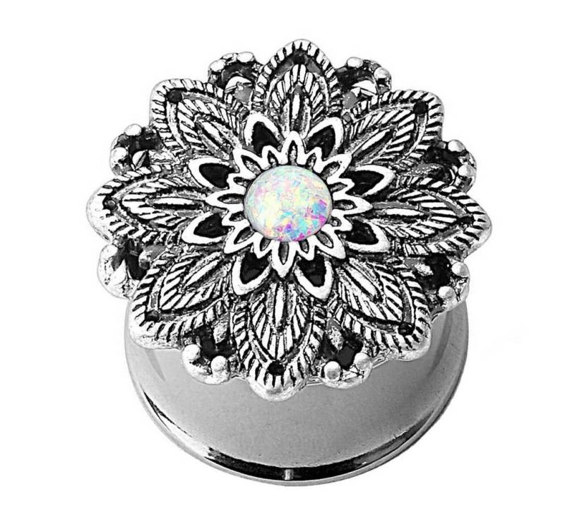 Taffstyle Plug Piercing Lotus Blume Opal Edelstahl Silber IP, Ohr Plug Flesh Tunnel Piercing Ohrpiercing Lotus Blume Opal Edelstahl von Taffstyle
