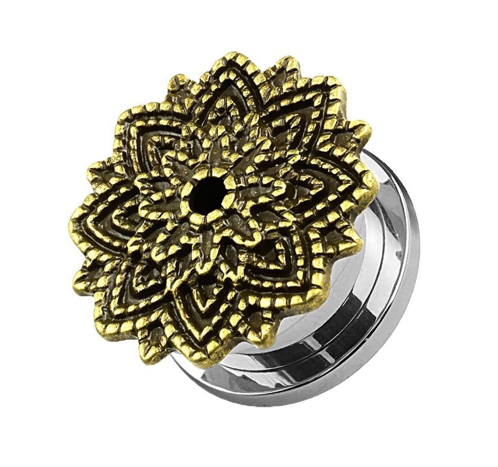 Taffstyle Plug Piercing Vintage Manish Lotus Blume Altgold Silber, Ohr Plug Flesh Tunnel Ohrpiercing Schraub Schraubverschluß Vintage von Taffstyle