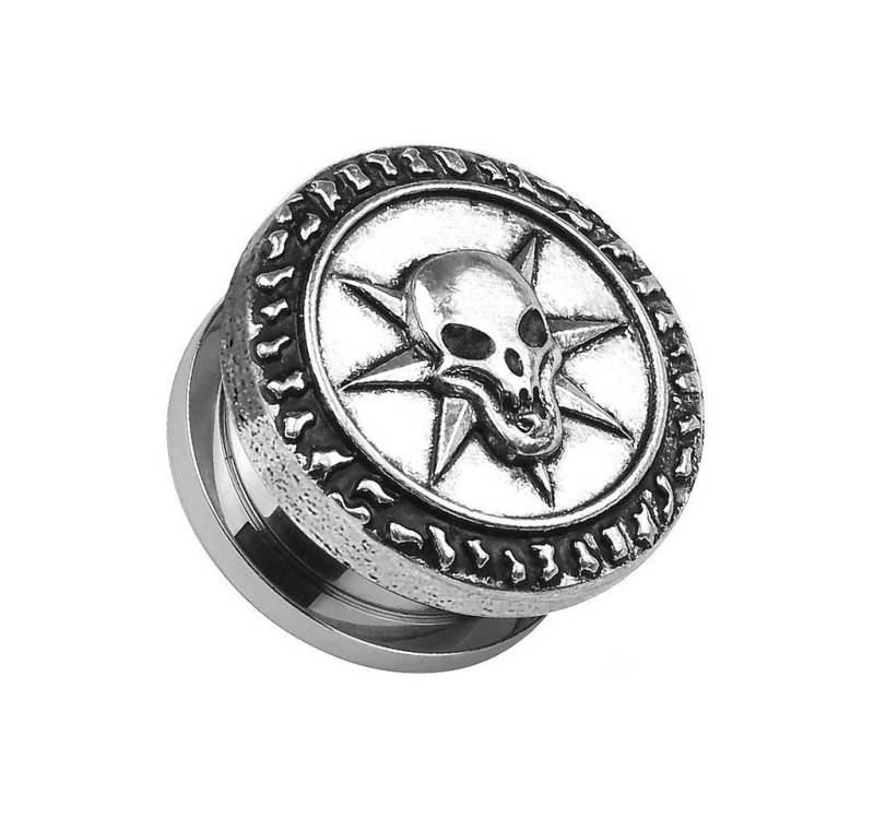 Taffstyle Plug Piercing Vintage Retro Antik Totenkopf über Stern, Ohr Plug Flesh Tunnel Ohrpiercing Style Totenkopf Stern Motiv Gold von Taffstyle