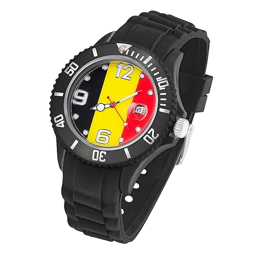 Taffstyle Silikon Armbanduhr Quarz Fan Sport Uhr Sportuhr Silikonuhr Flagge Fahne Weltmeisterschaft WM EM Europameisterschaft Fanartikel Fussball Basketball Eishockey Belgien von Taffstyle