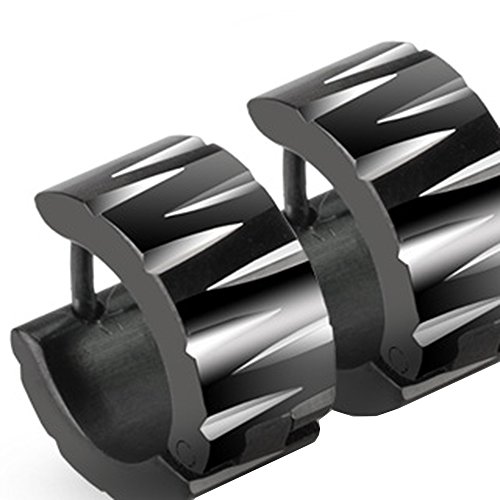 Taffstyle Unisex Creolen Edelstahl Ohrringe Damen Herren Klapp Huggie Kreolen Rund Breit mit Tribal Streifen Cuts Silber Schwarz von Taffstyle