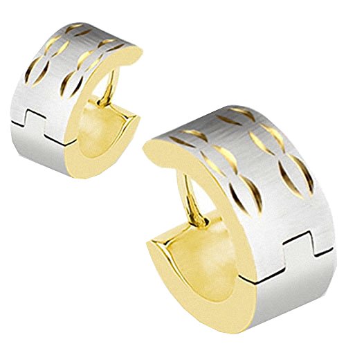 Taffstyle Unisex Creolen Edelstahl Ohrringe Klapp Huggie Kreolen Rund Glanz Matt Breit Viereckig Tribal Cuts gebürstet Silber Gold für Damen oder Herren von Taffstyle