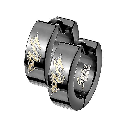 Taffstyle Unisex Creolen Ohrringe Edelstahl Bicolor Damen Herren Klapp Huggie Kreolen Rund Breit Dragon Schwarz von Taffstyle