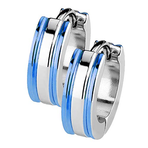 Taffstyle Unisex Creolen Ohrringe Edelstahl Bicolor Damen Herren Klapp Huggie Kreolen Rund Glanz Matt Breit Silber Blau von Taffstyle