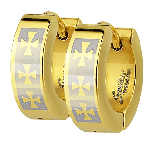 Taffstyle Unisex Creolen Ohrringe Edelstahl Damen Herren Klapp Huggie Kreolen Rund Breit Eisernes Kreuz 13mm Gold von Taffstyle