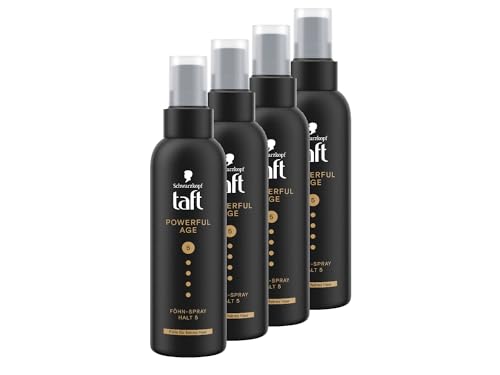 Schwarzkopf Taft Föhn-Spray Powerful Age (4x 150ml), Haltegrad 5, Föhnspray für feines und dünner werdendes Haar, Fülle für feines Haar, vegane Formel* von Taft