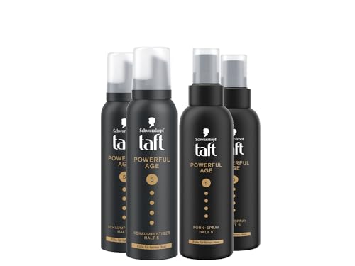 Taft Schwarzkopf Schaumfestiger Powerful Age (2x150ml) Haltegrad 5 Haarschaum für feines & dünner werdendes Haar & Föhn-Spray Powerful Age (2x150ml) Fülle für Haar vegane Formel* von TAFT