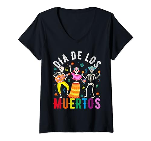 Damen DIA DE LOS MUERTOS Tag der Toten Skelett-Tanz T-Shirt mit V-Ausschnitt von Tag der Toten Skelett-Tanz-Geschenk-Kleidung