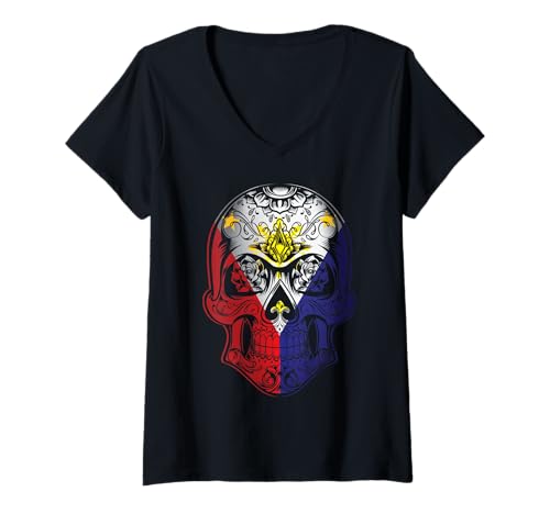 Damen Philippinische Flagge Floral Skull Kultur Philippinen T-Shirt mit V-Ausschnitt Damen Philippinische Flagge Floral Skull Kultur Philippinen T-Shirt mit V-Ausschnitt von Tagalog Filipinas Philippines Designs Tees Co