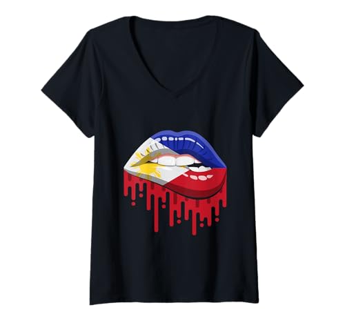 Damen Tropfende philippinische Flagge Lippen Filipino T-Shirt mit V-Ausschnitt Damen Tropfende philippinische Flagge Lippen Filipino T-Shirt mit V-Ausschnitt von Tagalog Filipinas Proud Philippines Designs Tshirt