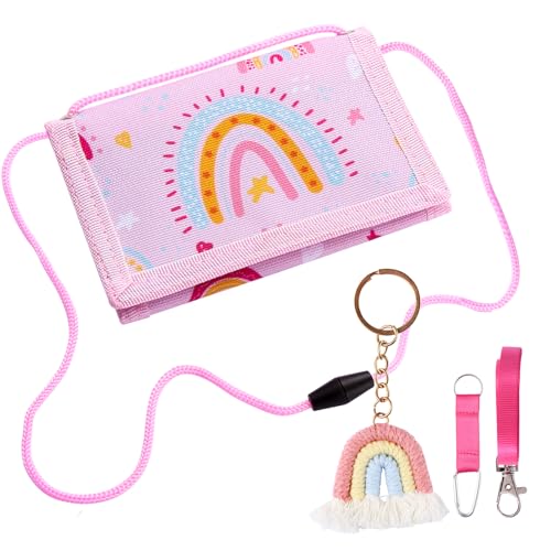 Tahbarshi Kinder Brustbeutel Umhänge Geldbeutel Dreifach Gefaltete Geldbörse Portemonnaie zum Umhängen Geschenk mit Regenbogen Schlüsselanhänger Schulkind für Mädchen für Münzen, Karten & Scheine von Tahbarshi