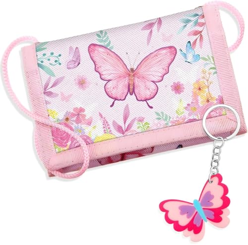 Tahbarshi Kinder Brustbeutel Umhänge Geldbeutel Dreifach Gefaltete Geldbörse Portemonnaie zum Umhängen Geschenk mit Schmetterling Schlüsselanhänger Schulkind für Mädchen für Münzen, Karten & Scheine von Tahbarshi