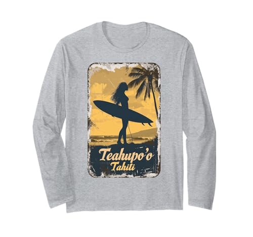 Teahupo'o Tahiti Surfer Mädchen Surfbrett Retro Souvenir Langarmshirt Teahupo'o Tahiti Surfer Mädchen Surfbrett Retro Souvenir Langarmshirt von Tahiti Beach Vintage Surfing Souvenir