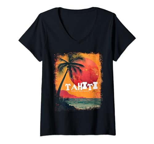 Damen Tahiti Französisch-Polynesien Vintage Urlaub Shirt Strand Sonnenuntergang T-Shirt mit V-Ausschnitt von Tahiti French Polynesia Vintage Apparel