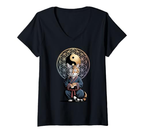 Damen Tai Chi Katze Yin Yang Blume des Lebens Kampfsport Kätzchen T-Shirt mit V-Ausschnitt Damen Tai Chi Katze Yin Yang Blume des Lebens Kampfsport Kätzchen T-Shirt mit V-Ausschnitt von Tai Chi New Ages Cat Energy Studio