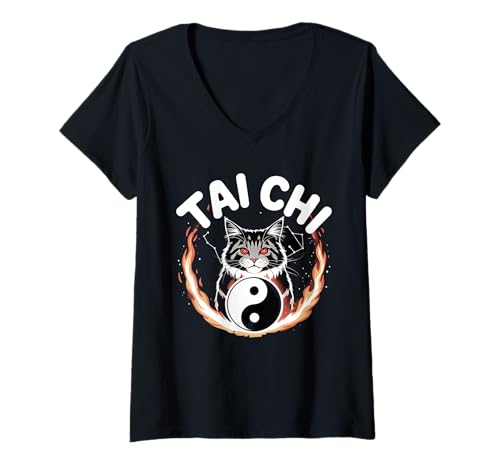 Damen Tai Chi Katze Yin Yang Blume des Lebens Kampfsport Kätzchen T-Shirt mit V-Ausschnitt Damen Tai Chi Katze Yin Yang Blume des Lebens Kampfsport Kätzchen T-Shirt mit V-Ausschnitt von Tai Chi New Ages Funny Cat Energy Studio
