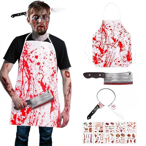 TaiXinYuly Metzger Kostüm Halloween,Halloween Kostüm,Halloween Schlachter Horror Set,Blutige Haarschmuck, Messer, Zombie Scars Tattoo, Schlächter Kostüm für Damen Herren TaiXinYuly Metzger Kostüm Halloween,Halloween Kostüm,Halloween Schlachter Horror Set,Blutige Haarschmuck, Messer, Zombie Scars Tattoo, Schlächter Kostüm für Damen Herren von TaiXinYuly