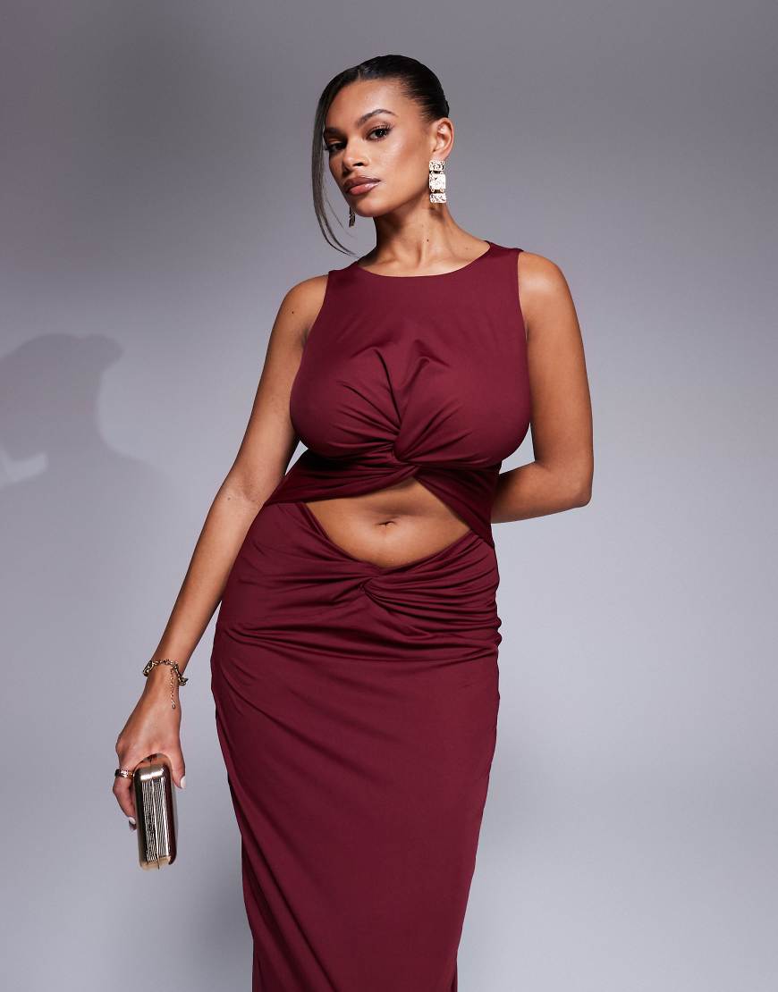 Taideux - Nikki - Größere Brust - Midaxikleid aus Jersey in Dunkelrot mit Zierausschnitt und Knotendetail von Taideux